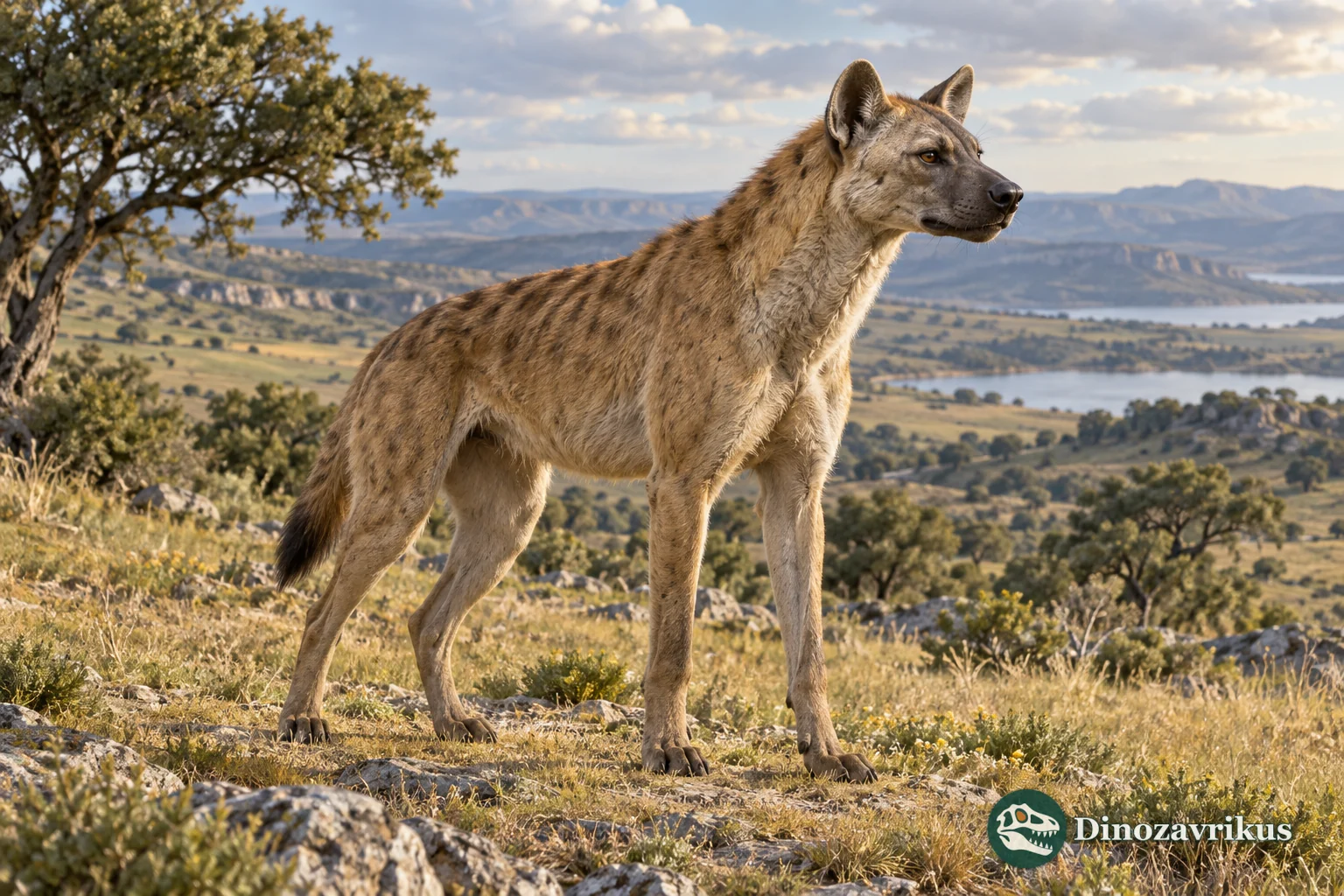 Artistic reconstruction of a long-legged Chasmaporthetes in an open ancient landscape
