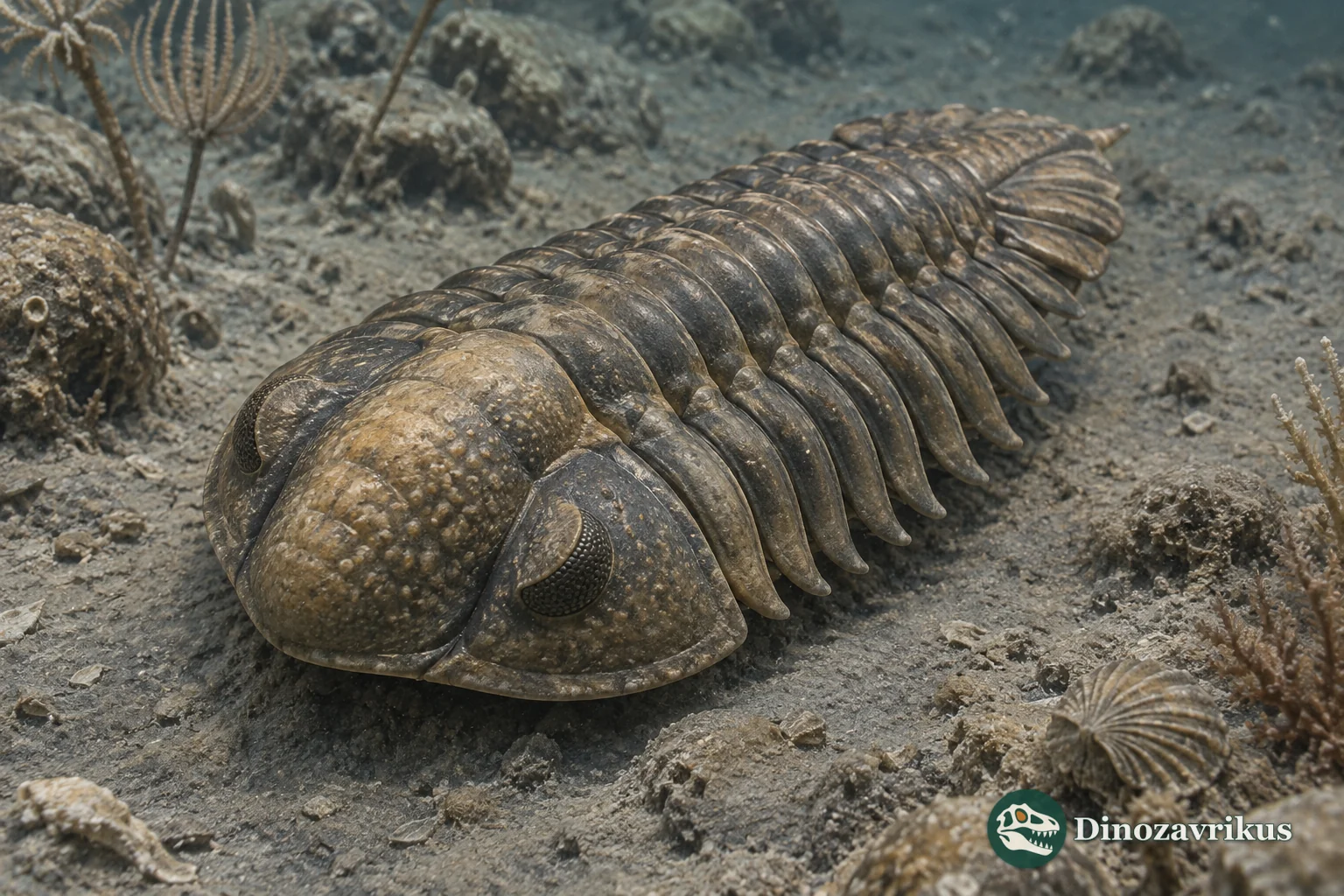 Cheirurus insignis trilobite with a segmented body and three pairs of rounded pygidial lobes on Silurian sea sediment
