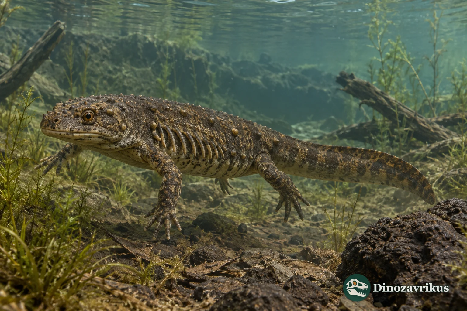 Chelotriton paradoxus moving through the shallow water of a late Oligocene maar lake
