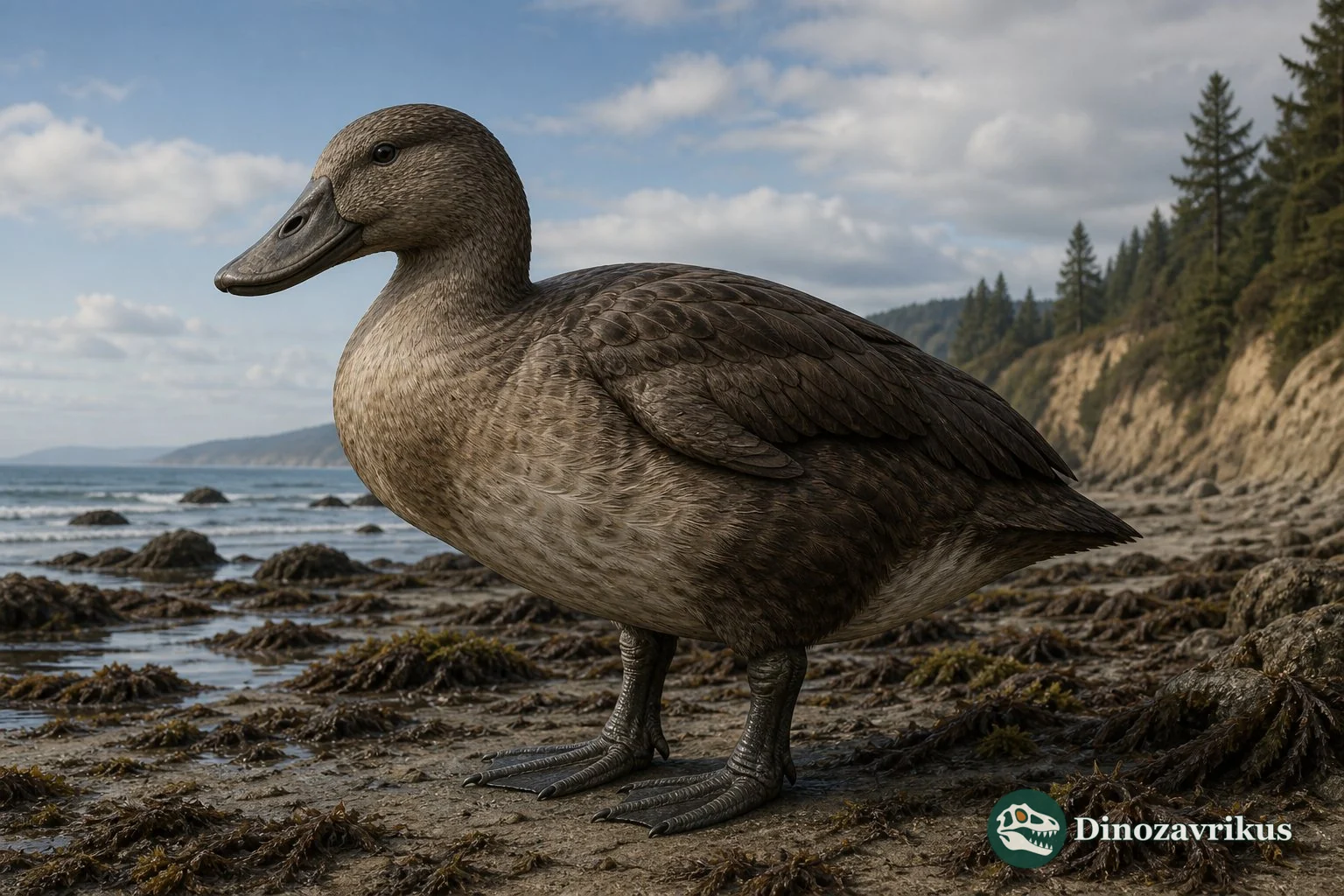 A large flightless sea duck swimming beside the rocky islands of Ice Age California