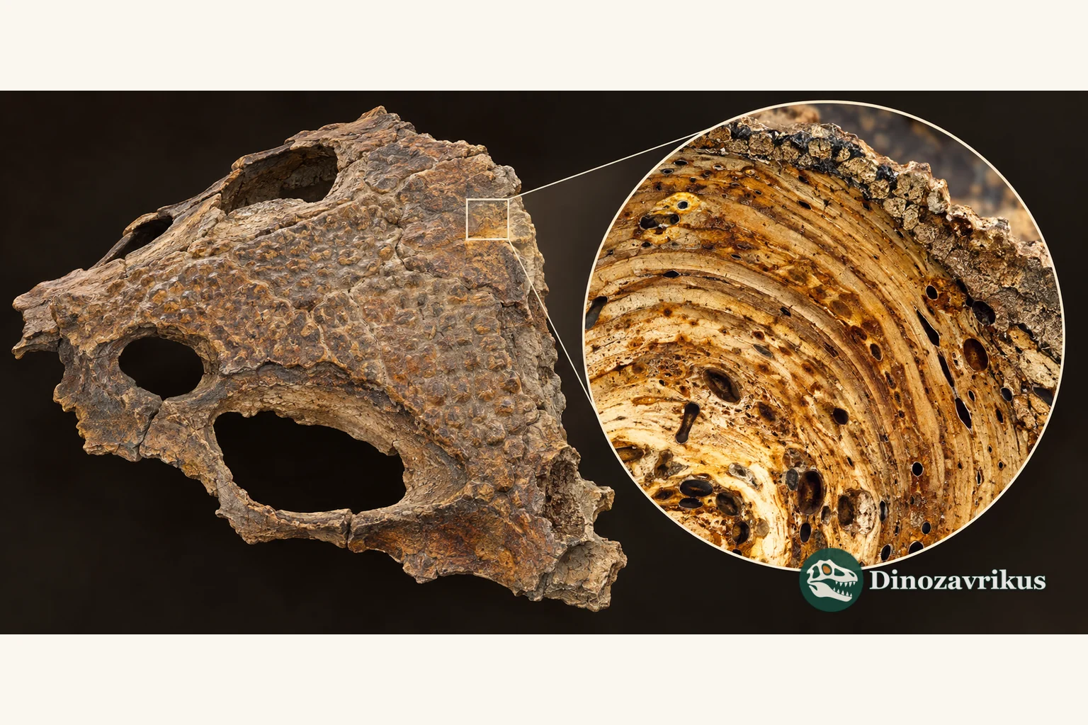 Illustration of a fossil bone sample beside a schematic thin-section view