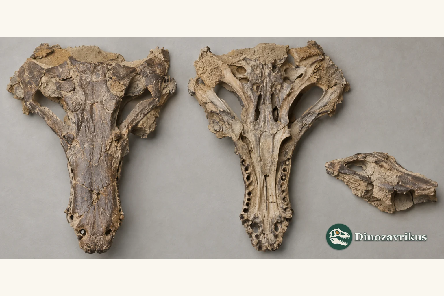 Schematic study plate of a long-snouted temnospondyl skull and separate fragments