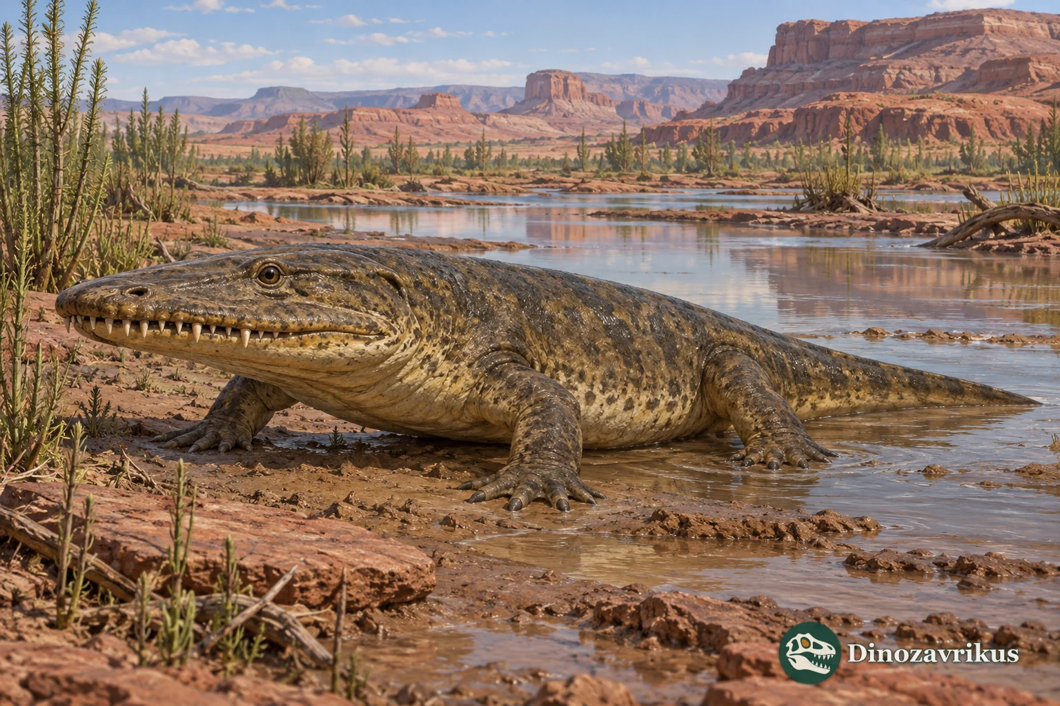 Artistic reconstruction of Chenoprosopus at an Early Permian water margin