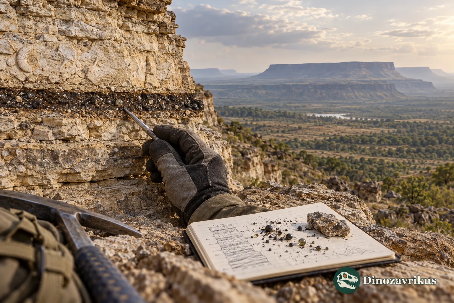 A geologist examines the thin dark boundary layer between Cretaceous and Paleogene rocks