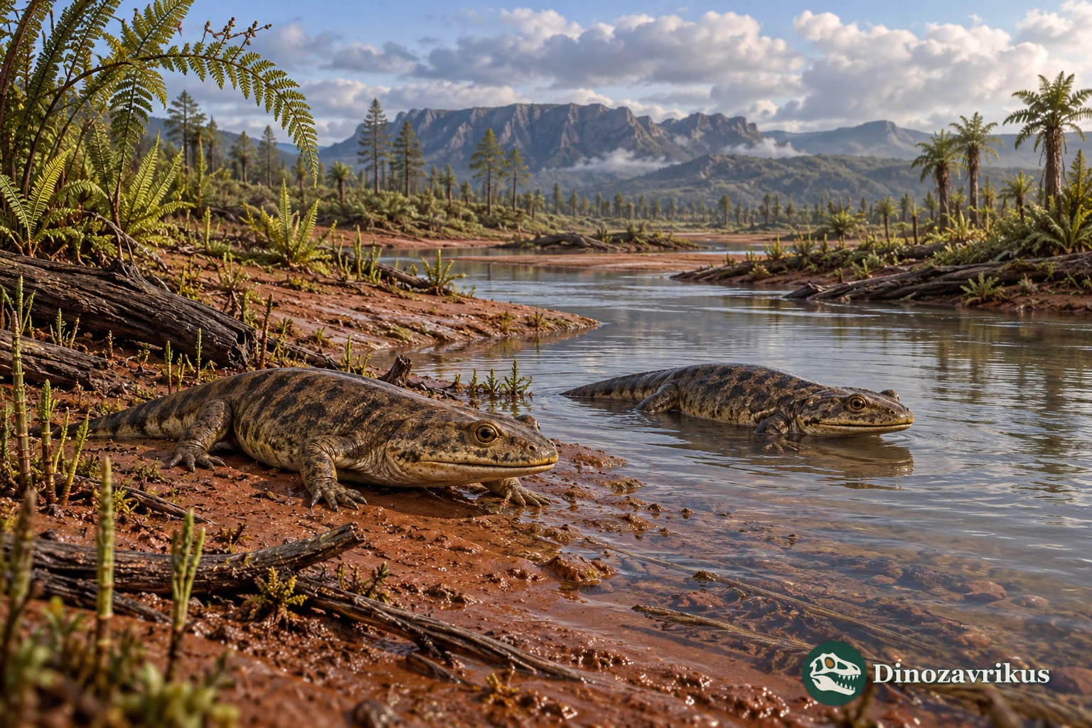 Interpretive Early Triassic freshwater floodplain in Tasmania with temnospondyl amphibians