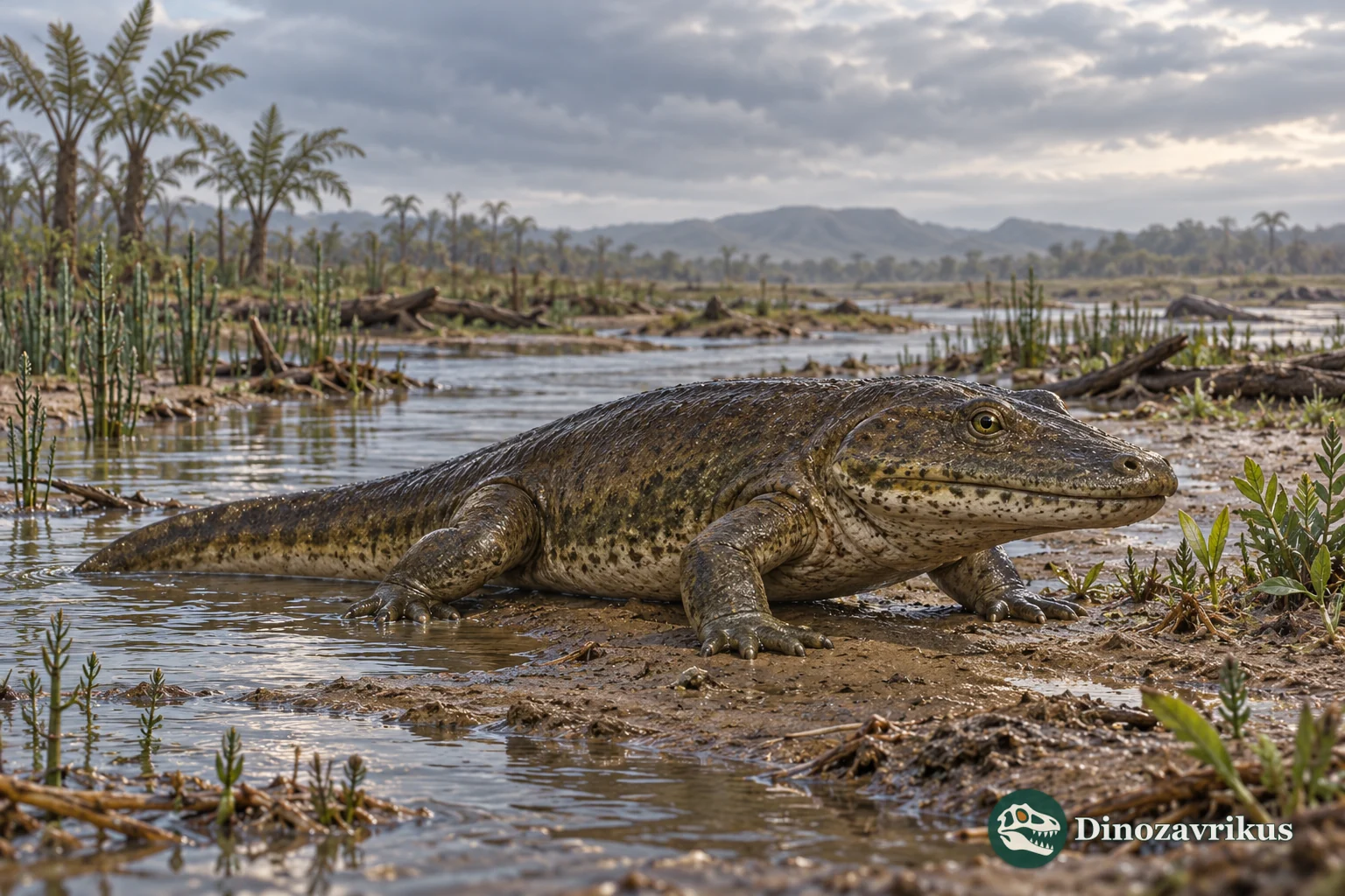 Interpretive reconstruction of Chomatobatrachus at an Early Triassic wetland in Tasmania