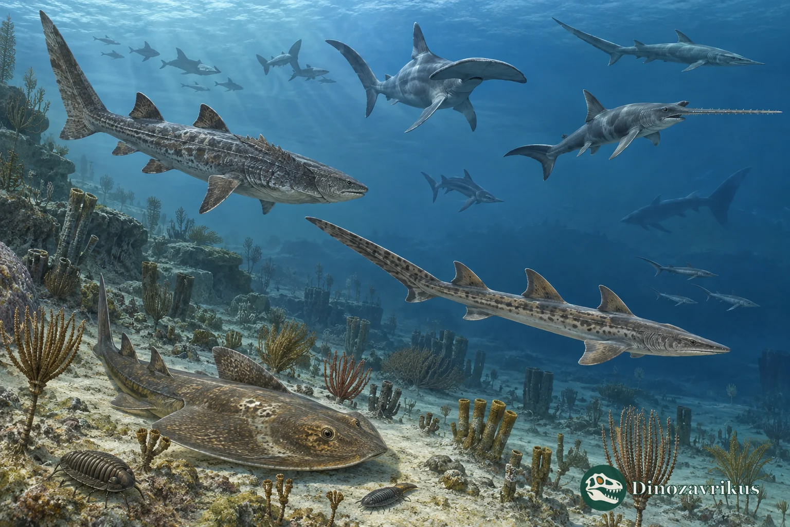Several extinct shark-like cartilaginous fishes swimming above an ancient seafloor
