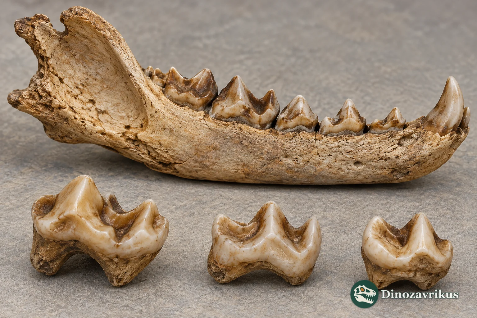 Illustrative fossil mammal jaw and molar teeth
