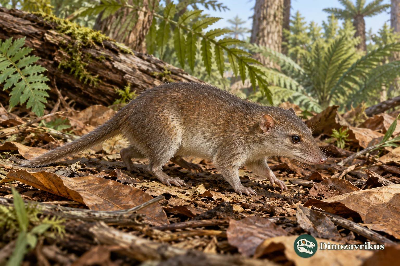 Artistic reconstruction of a generalized small mammal on a Late Cretaceous forest floor