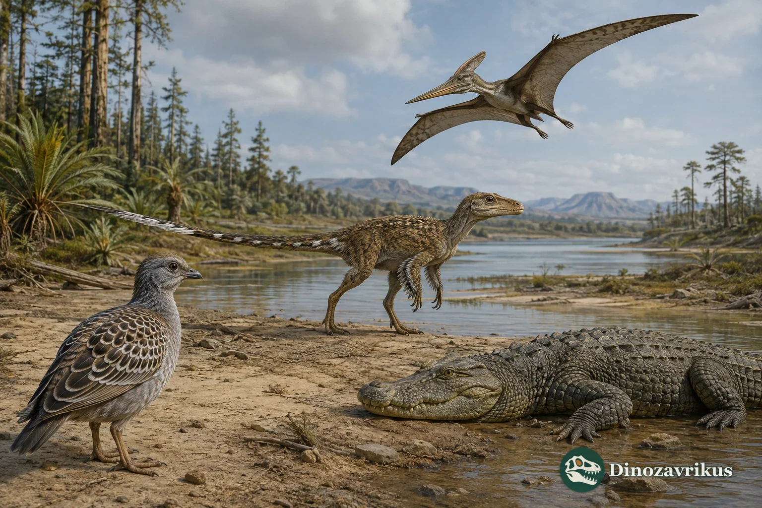 A bird, a small dinosaur, a pterosaur and a crocodilian in a reconstructed Triassic landscape