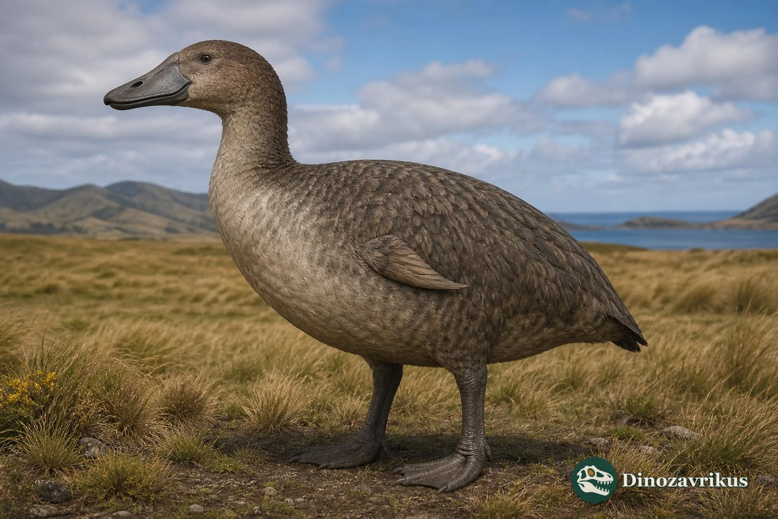 A pair of giant flightless Cnemiornis geese moving through open New Zealand scrubland