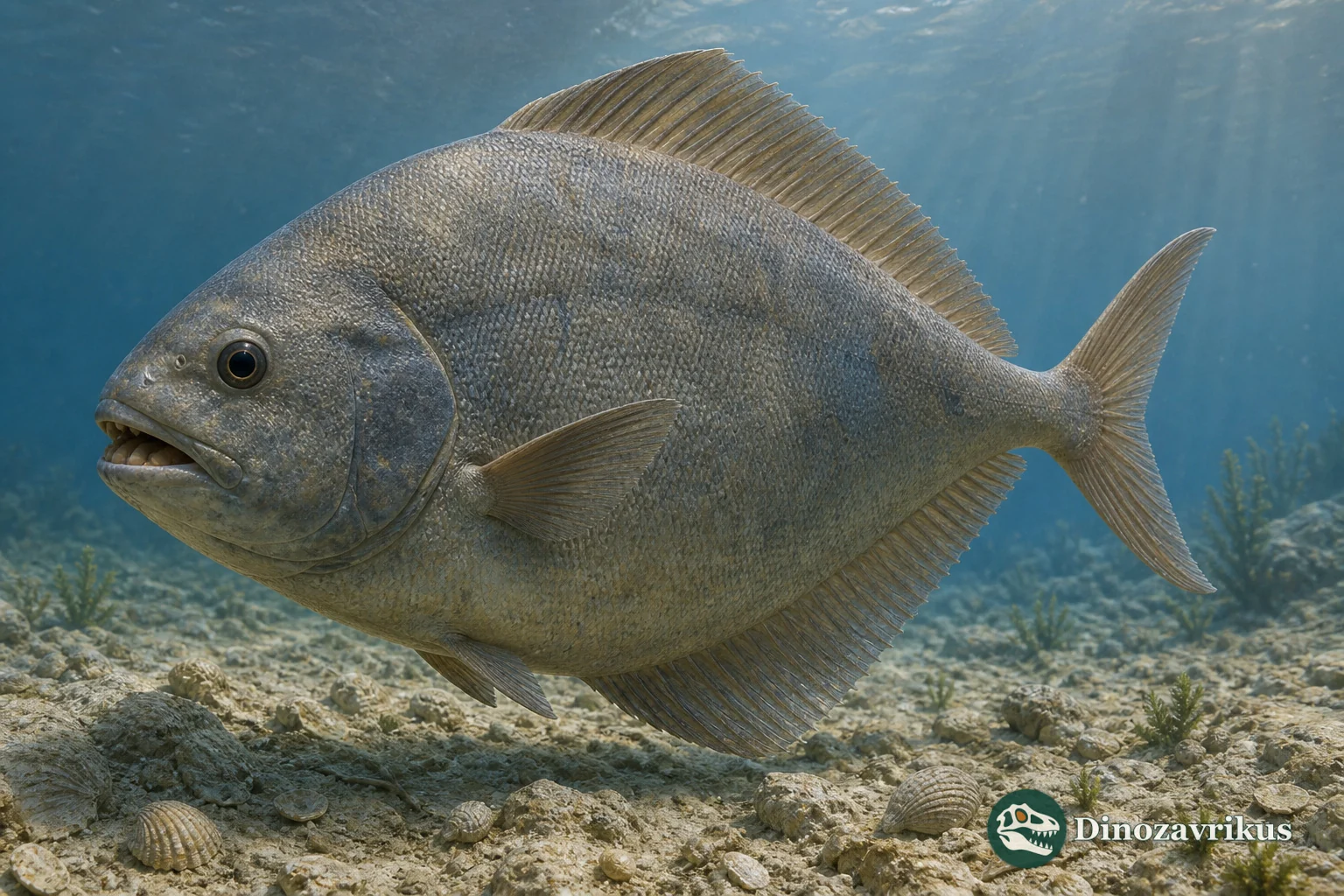 Coelodus saturnus swimming over a shallow Cretaceous seabed of the western Tethys
