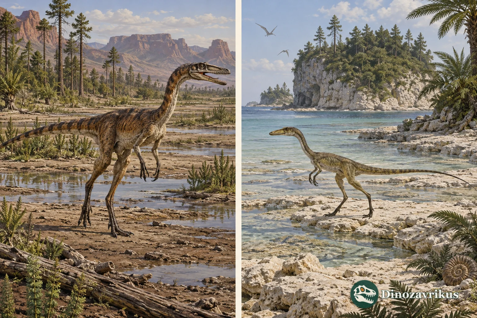 Separate reconstructions of Coelophysis on a Triassic floodplain and Compsognathus on a Jurassic island shore