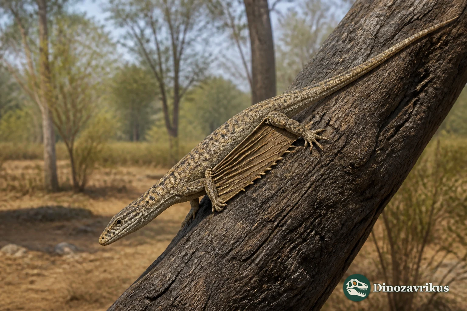 Coelurosauravus elivensis gliding between trees in a Late Permian Madagascar landscape