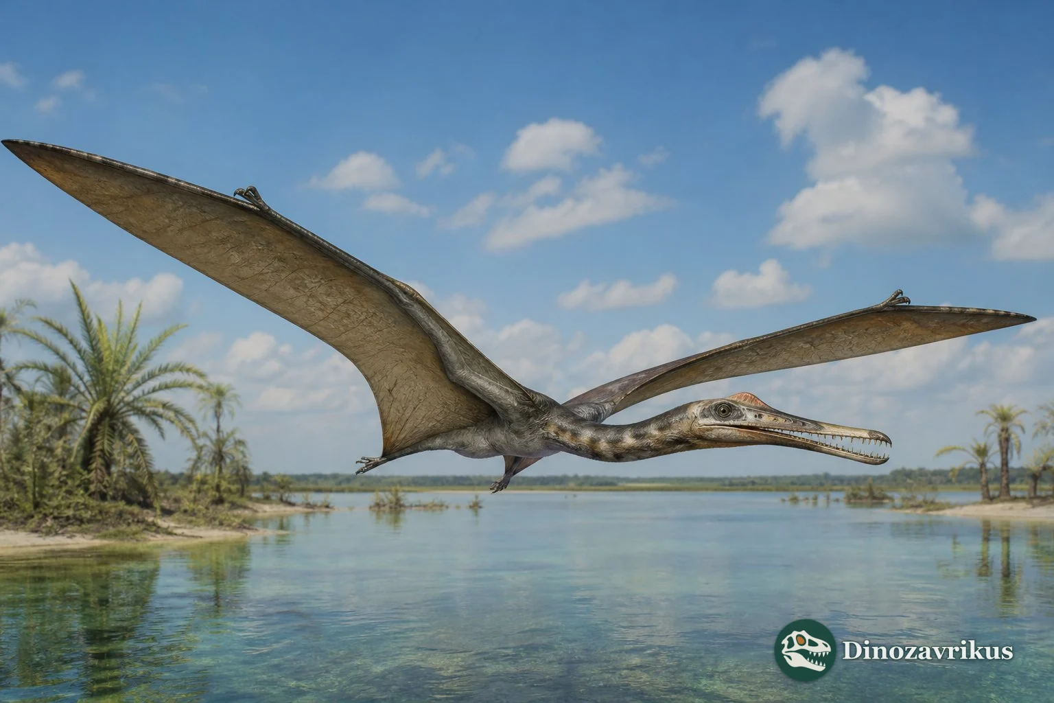 Coloborhynchus reconstructed flying over an Early Cretaceous coastal lagoon