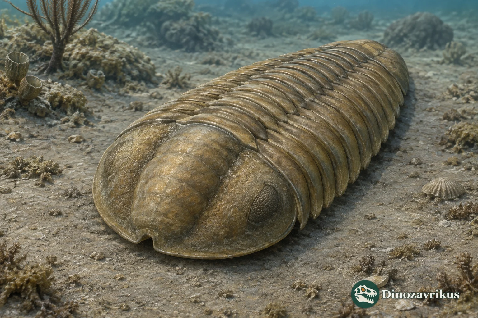 Colpocoryphe trilobite with rounded head, segmented thorax and pygidium reconstructed on an Ordovician sea floor