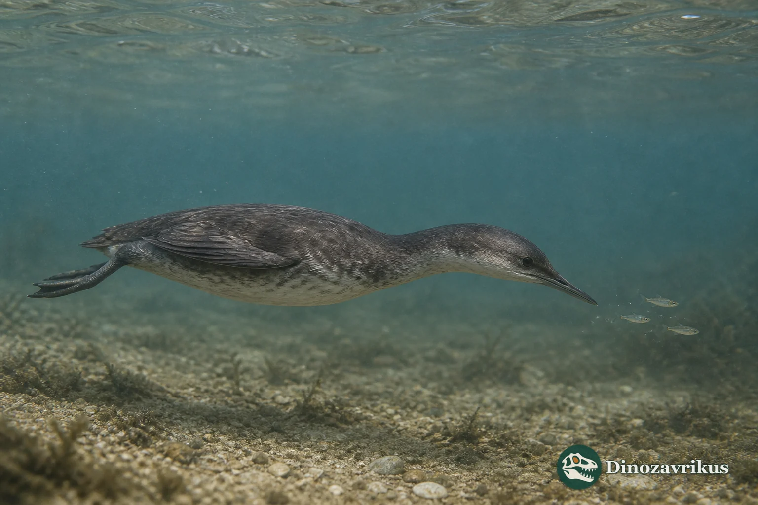 A small early loon diving in a European lake during the Miocene