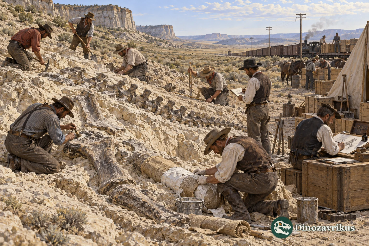 Field workers document and pack dinosaur bones at Como Bluff in the late 1870s
