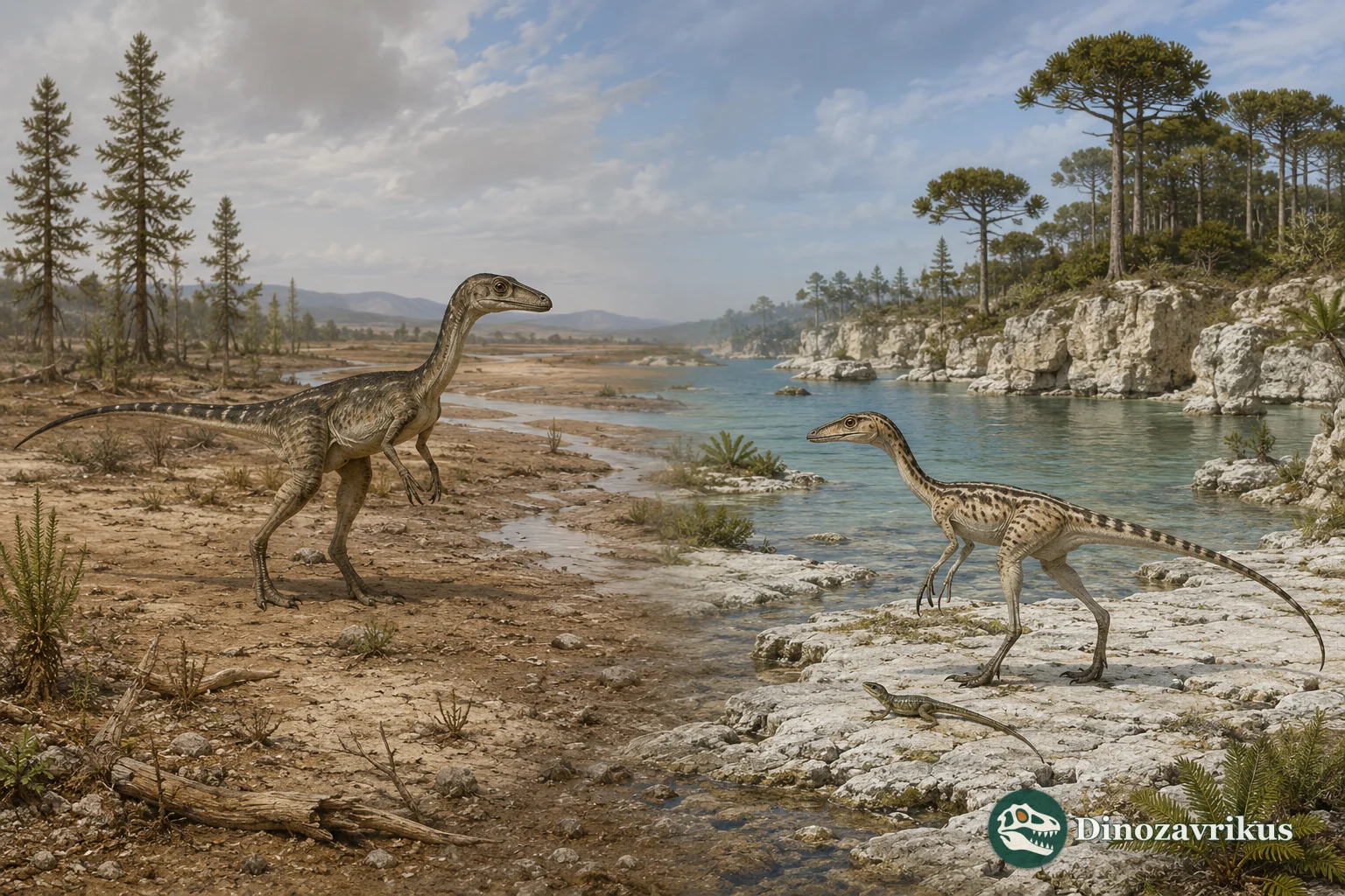 Illustrative comparison of two small bipedal prehistoric animals beside a Late Jurassic lagoon