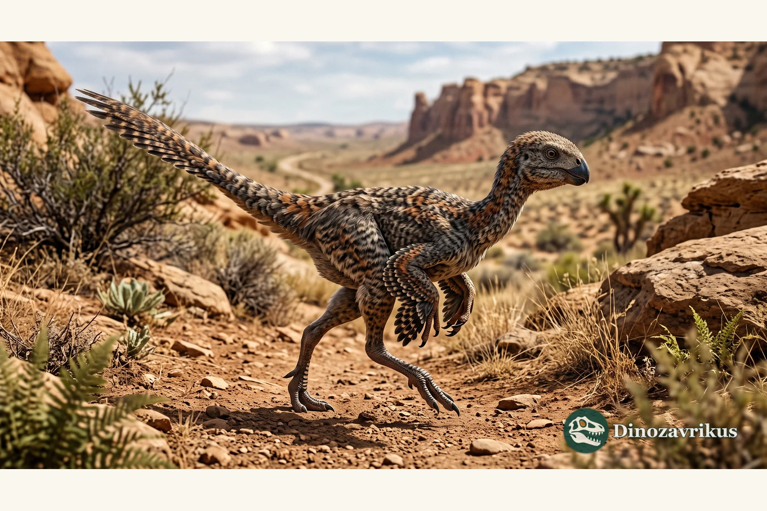 Illustrative reconstruction of Conchoraptor in a Late Cretaceous Gobi landscape