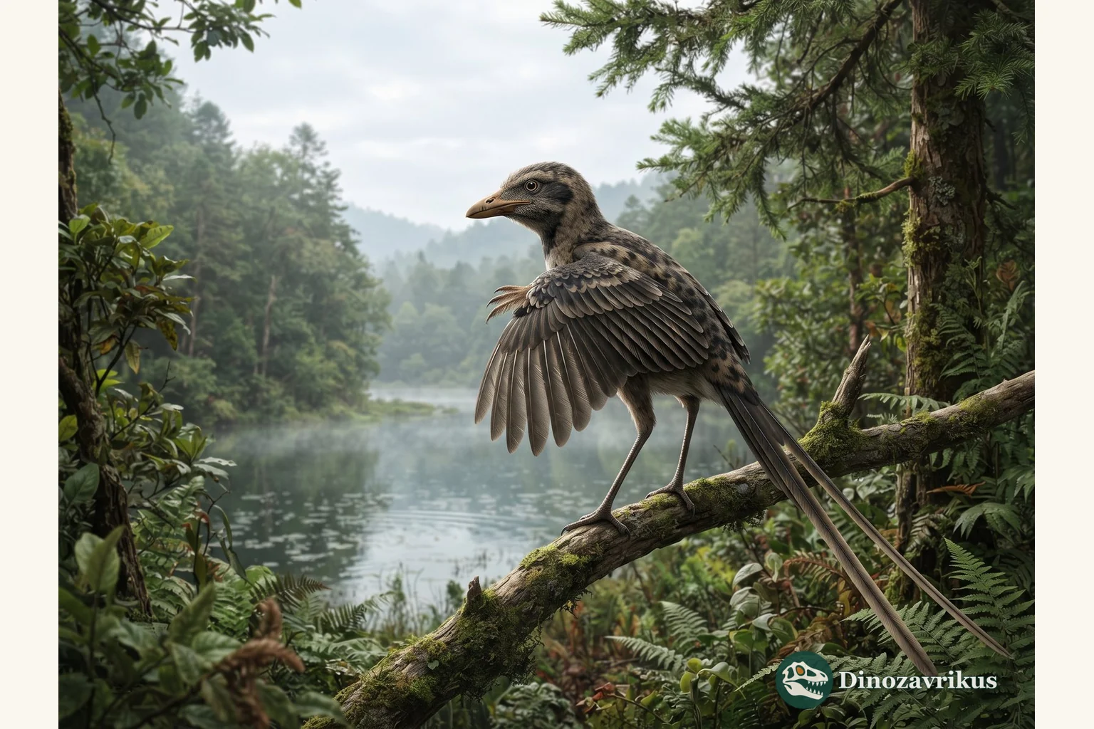 Confuciusornis perched above a Jehol lake