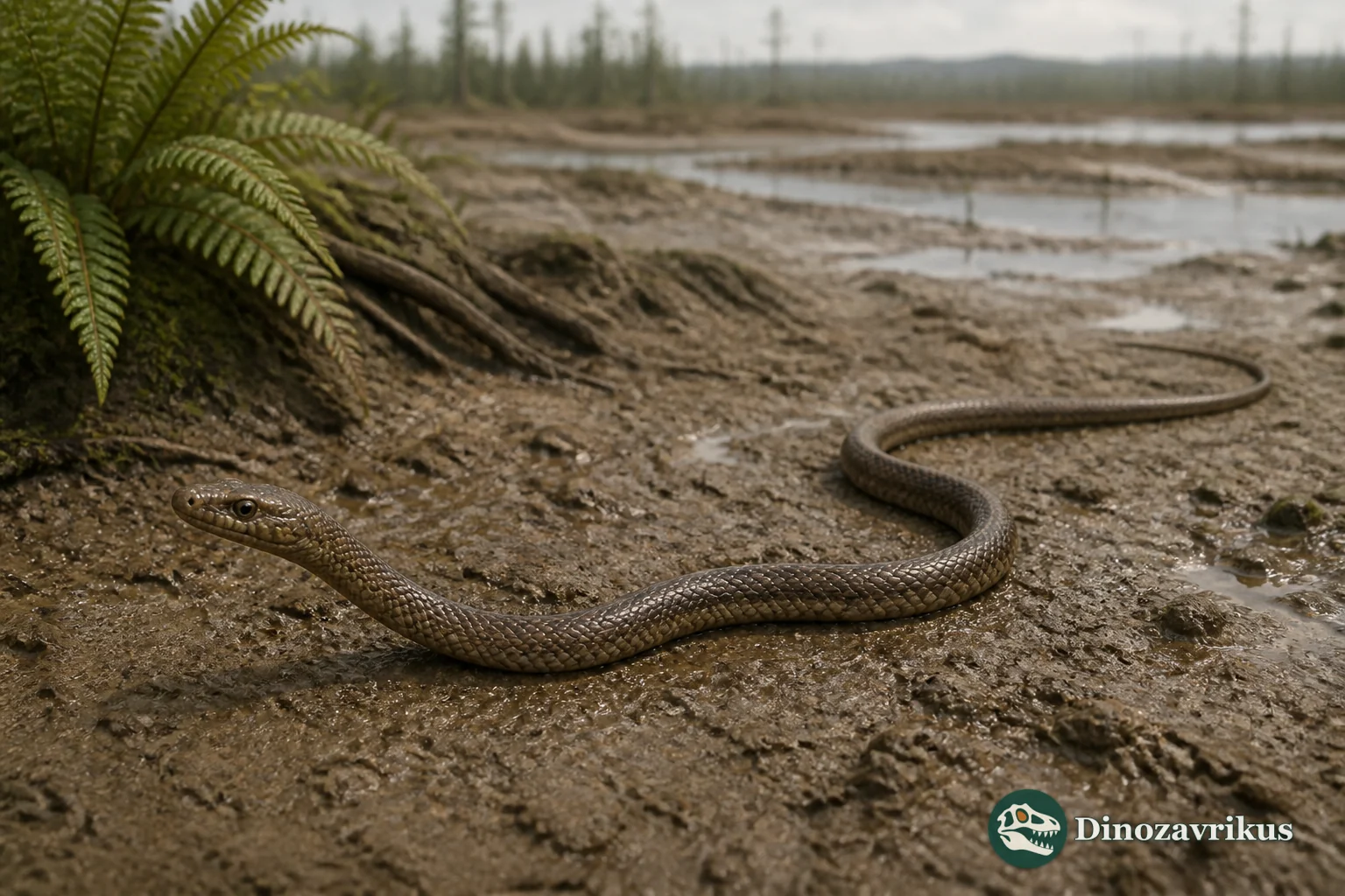 Coniophis precedens moving across a Late Cretaceous floodplain