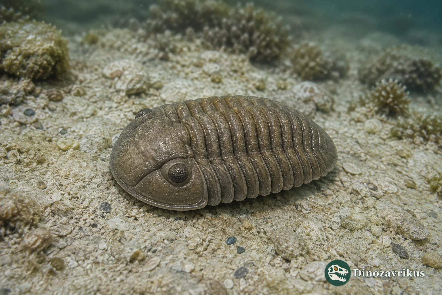 Coniproetus proetid trilobite with a cone-shaped glabella and rounded cephalon on a Devonian sea floor