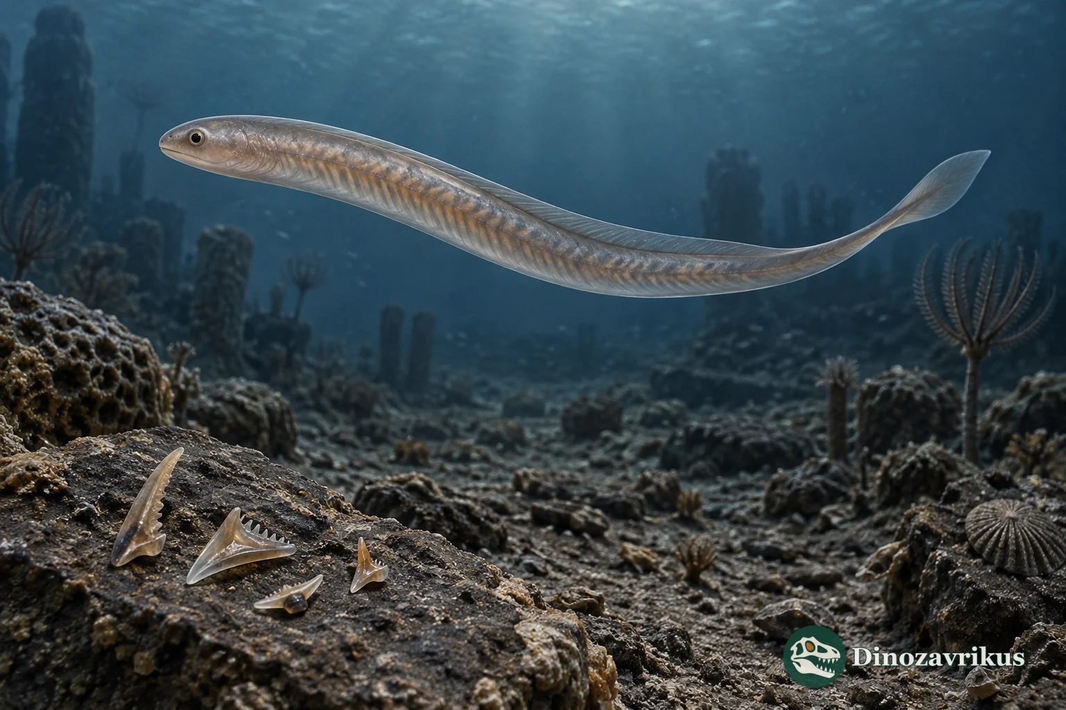 A slender jawless conodont animal swimming above scattered phosphatic elements on a seafloor
