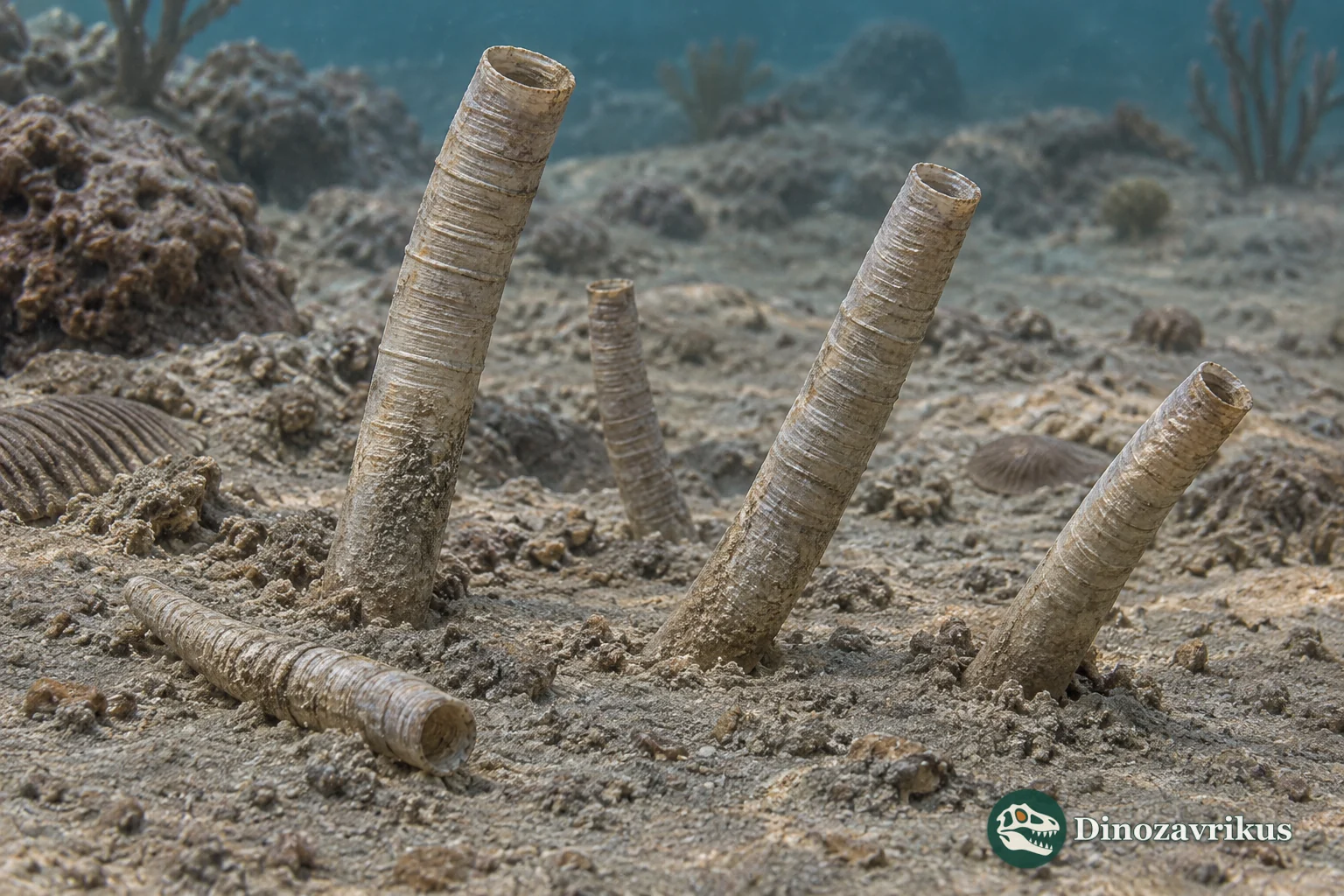 Several early Cambrian Conotheca-like narrow conical tubes with circular cross-sections and transverse growth lines on sediment