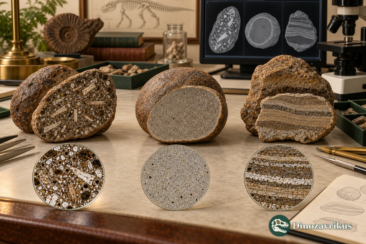 Coprolite, ordinary concretion and burrow fill compared by sections and scanning