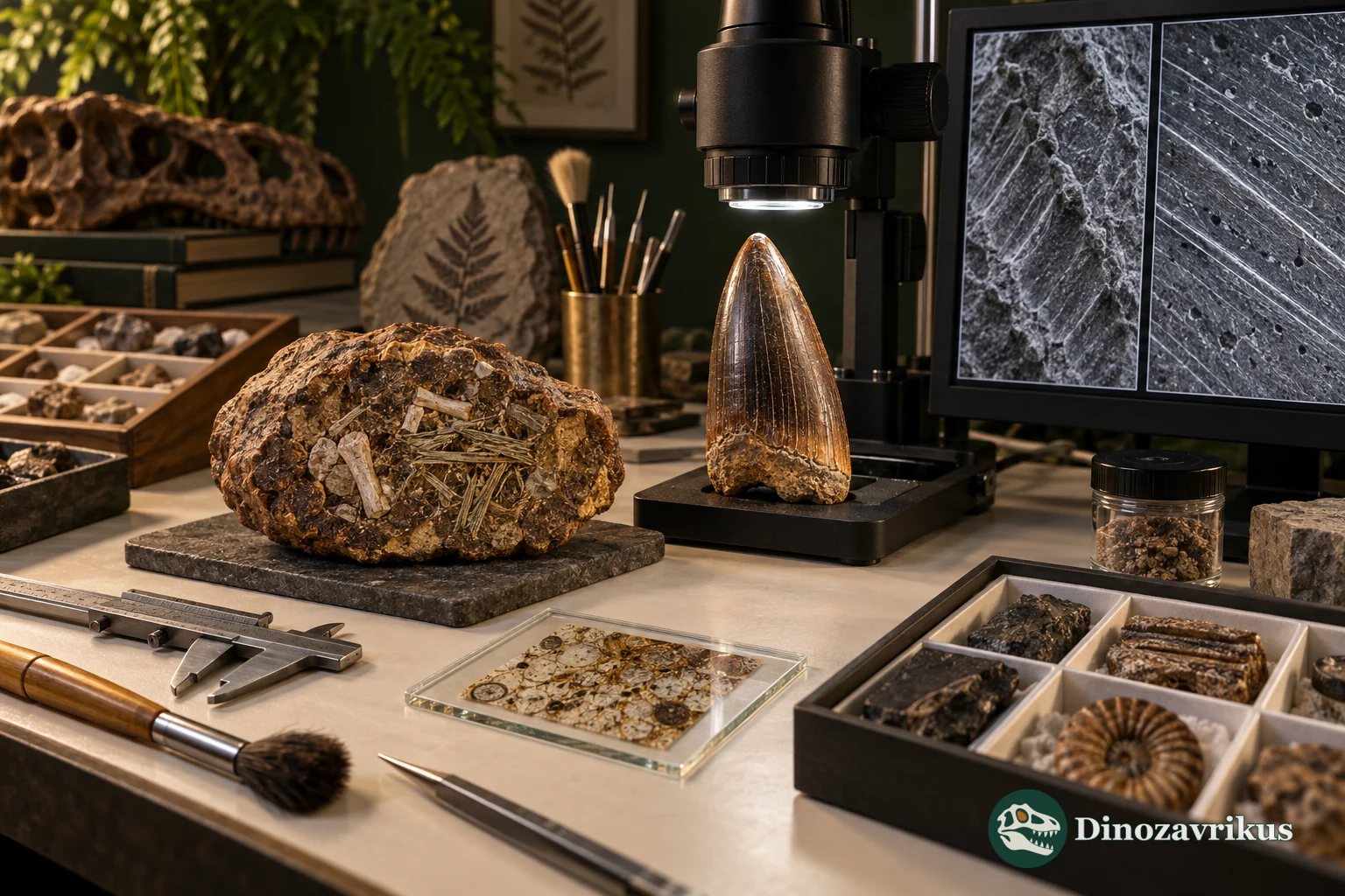 A coprolite and dinosaur tooth surface are analysed in a laboratory