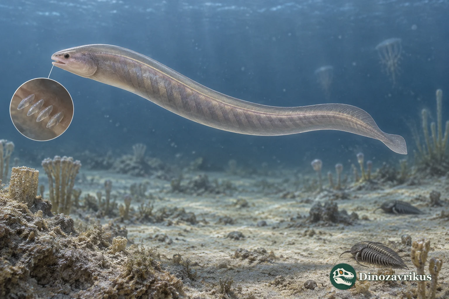 A small eel-like conodont animal swimming above the Cambrian sea floor with a separate inset of microscopic oral elements