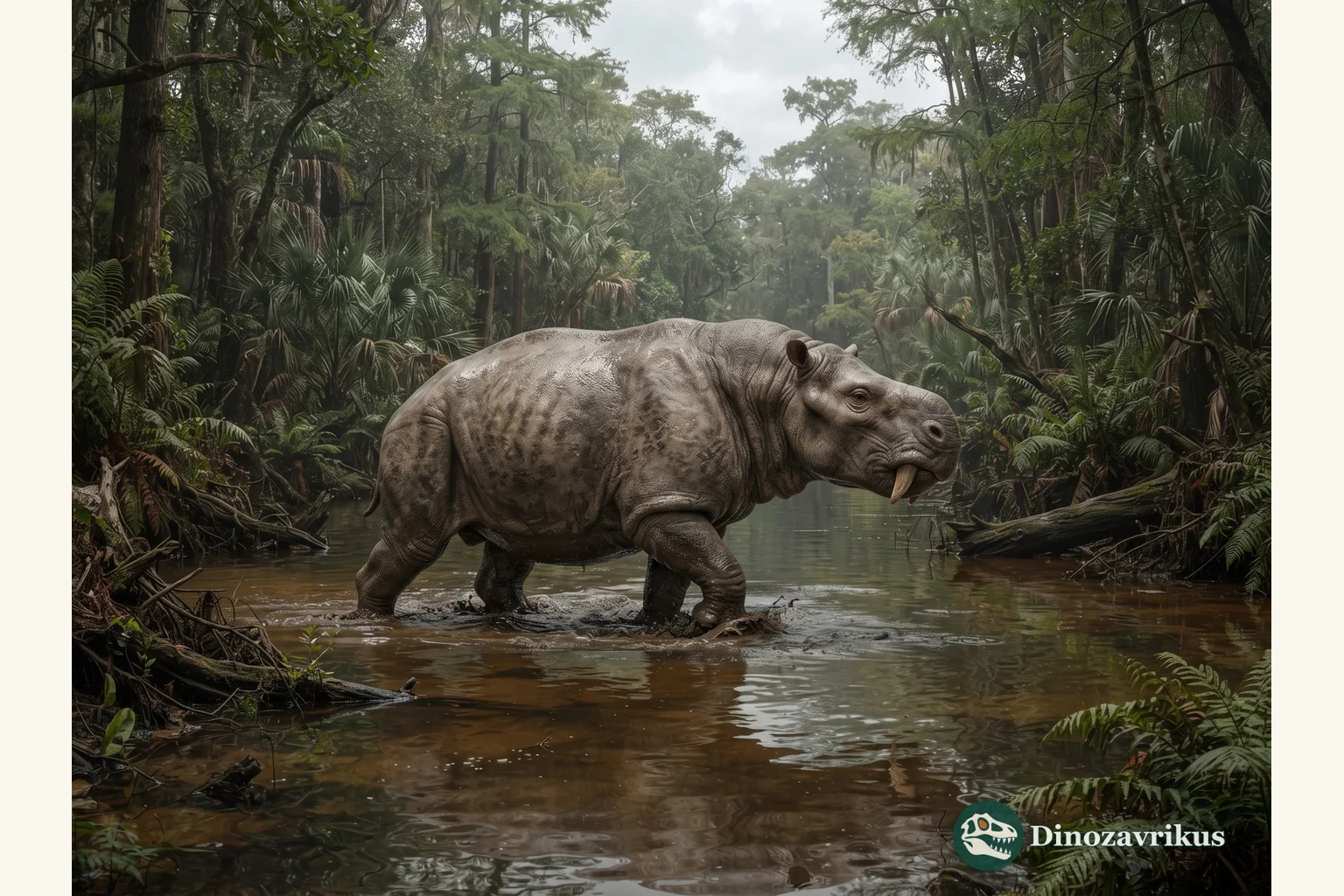 Coryphodon foraging beside an Eocene forest stream