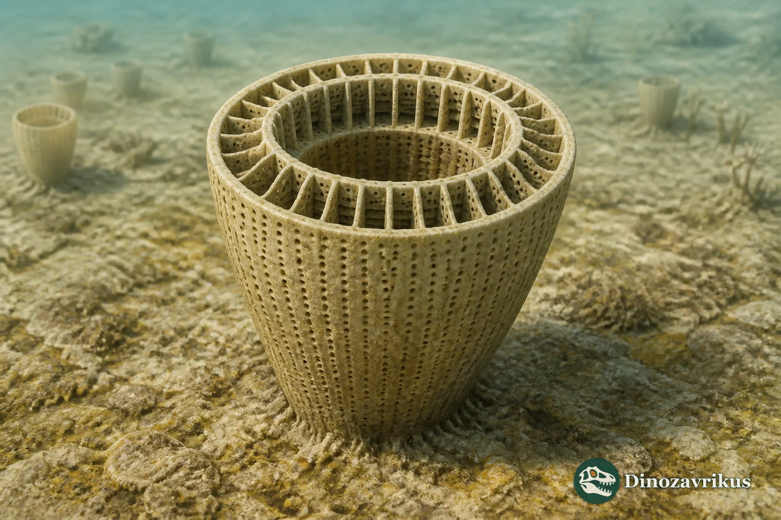 A close view of a Coscinocyathus cup showing porous inner and outer walls, internal septa and a rounded opening in a Cambrian reef