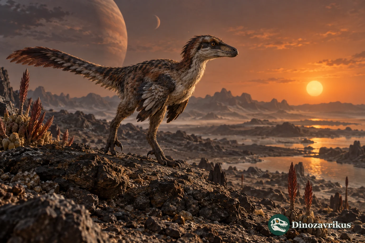 A hypothetical feathered dinosaur standing on a rocky exoplanet beneath an orange star