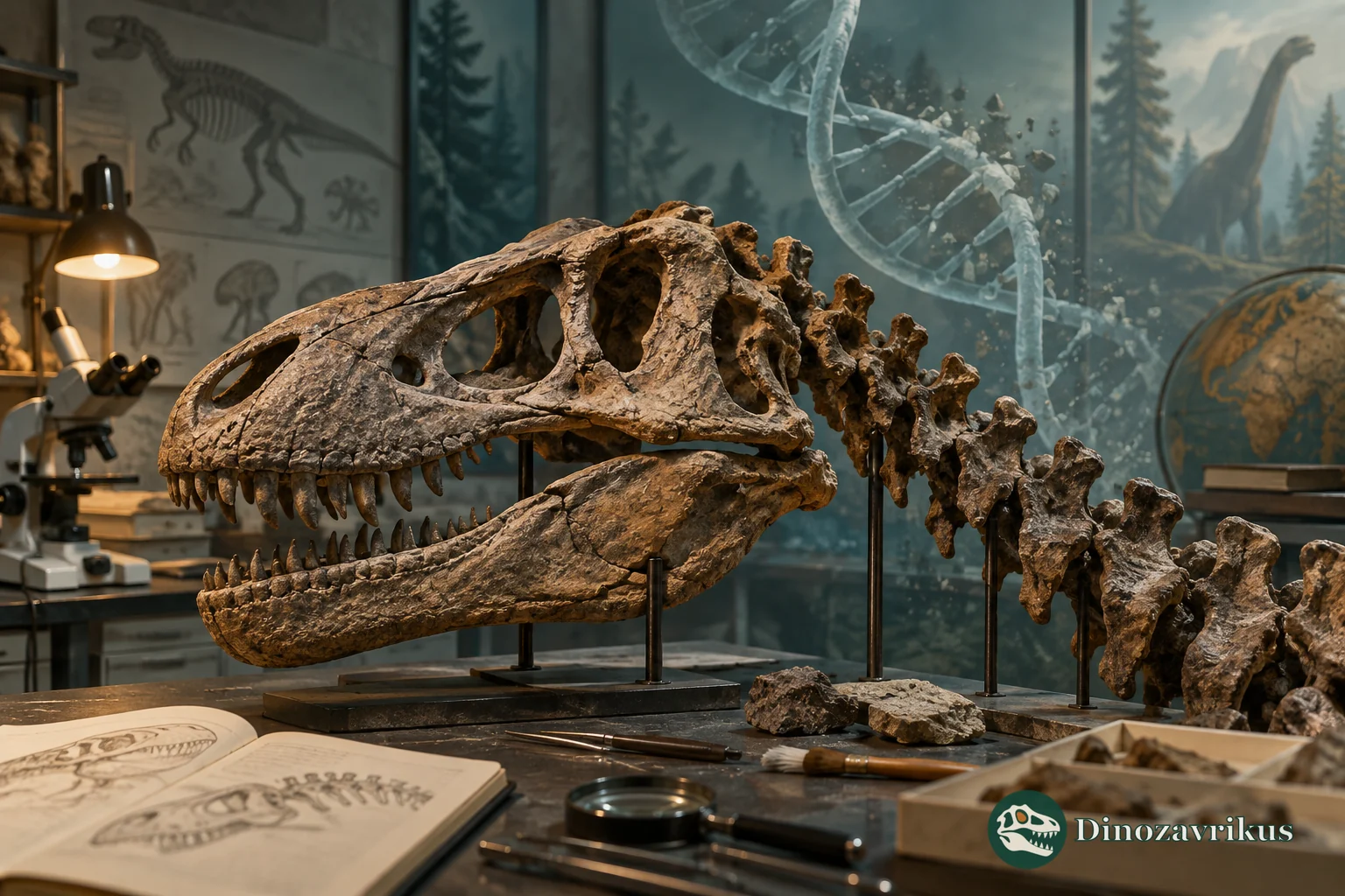 A laboratory scientist analysing ancient genetic material beside fossilised bones