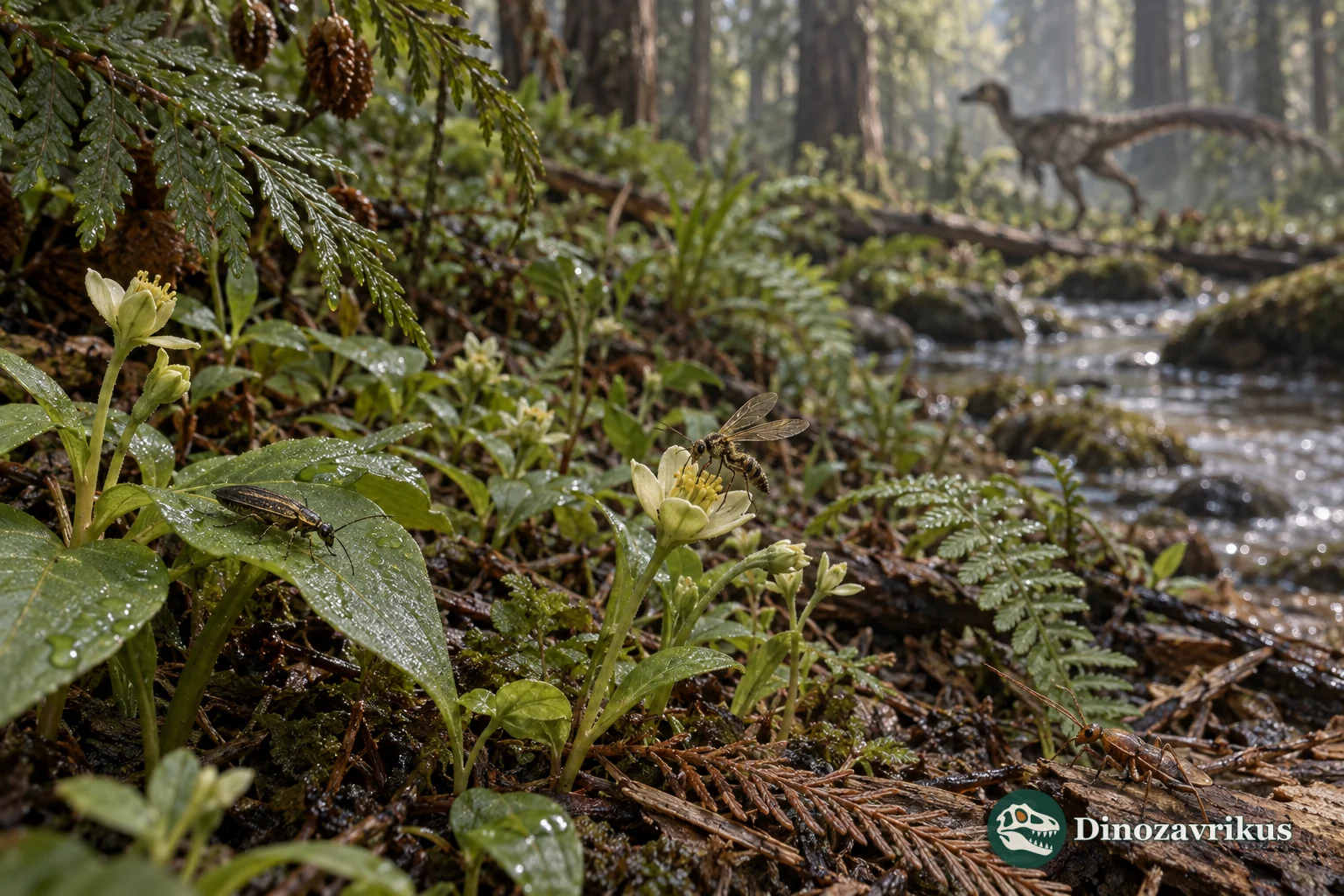 Early Cretaceous understorey with small flowering plants among conifers and ferns