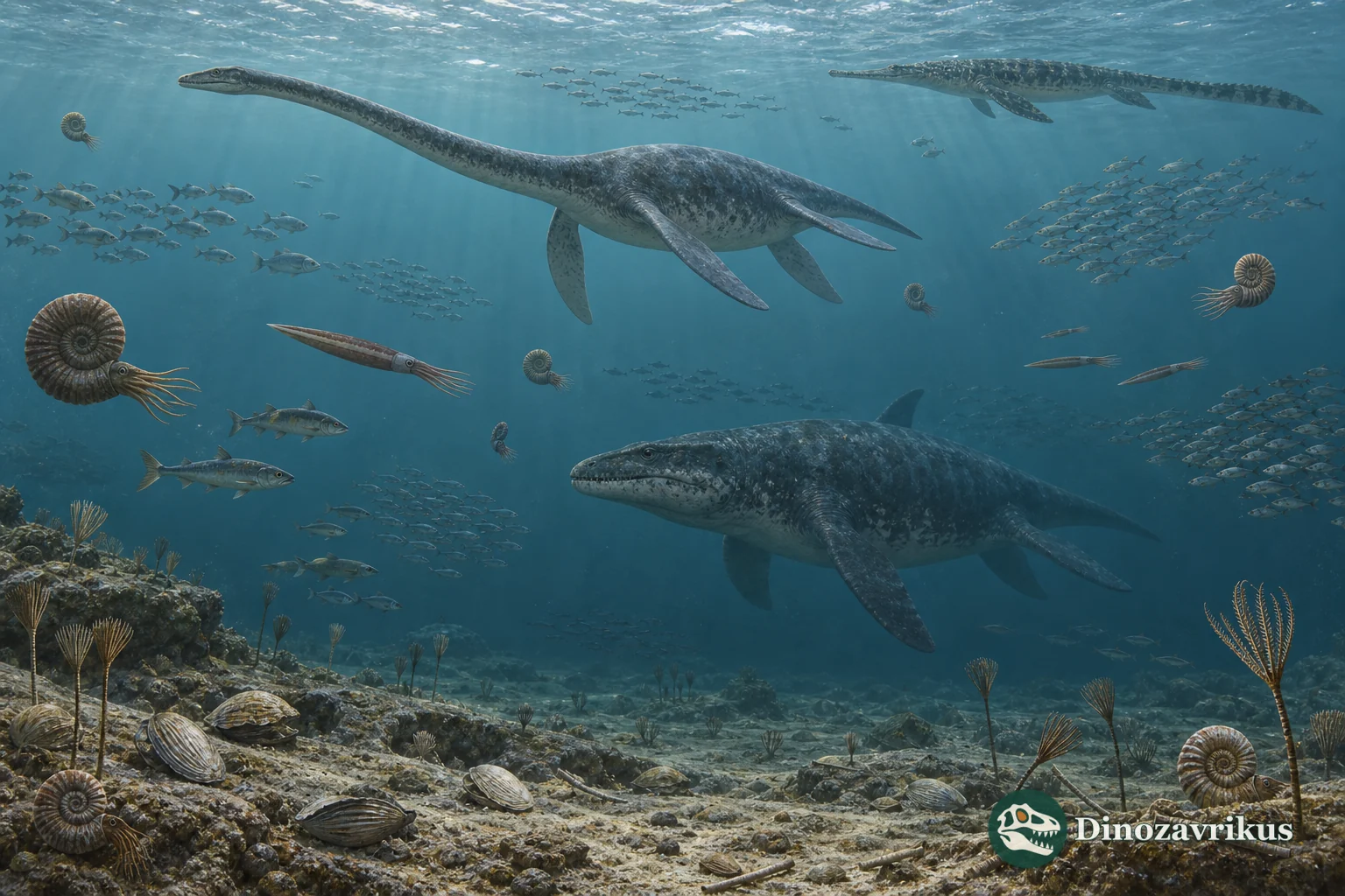 Mosasaur, elasmosaurid, marine turtle, sharks, fish and ammonites in a Late Cretaceous sea