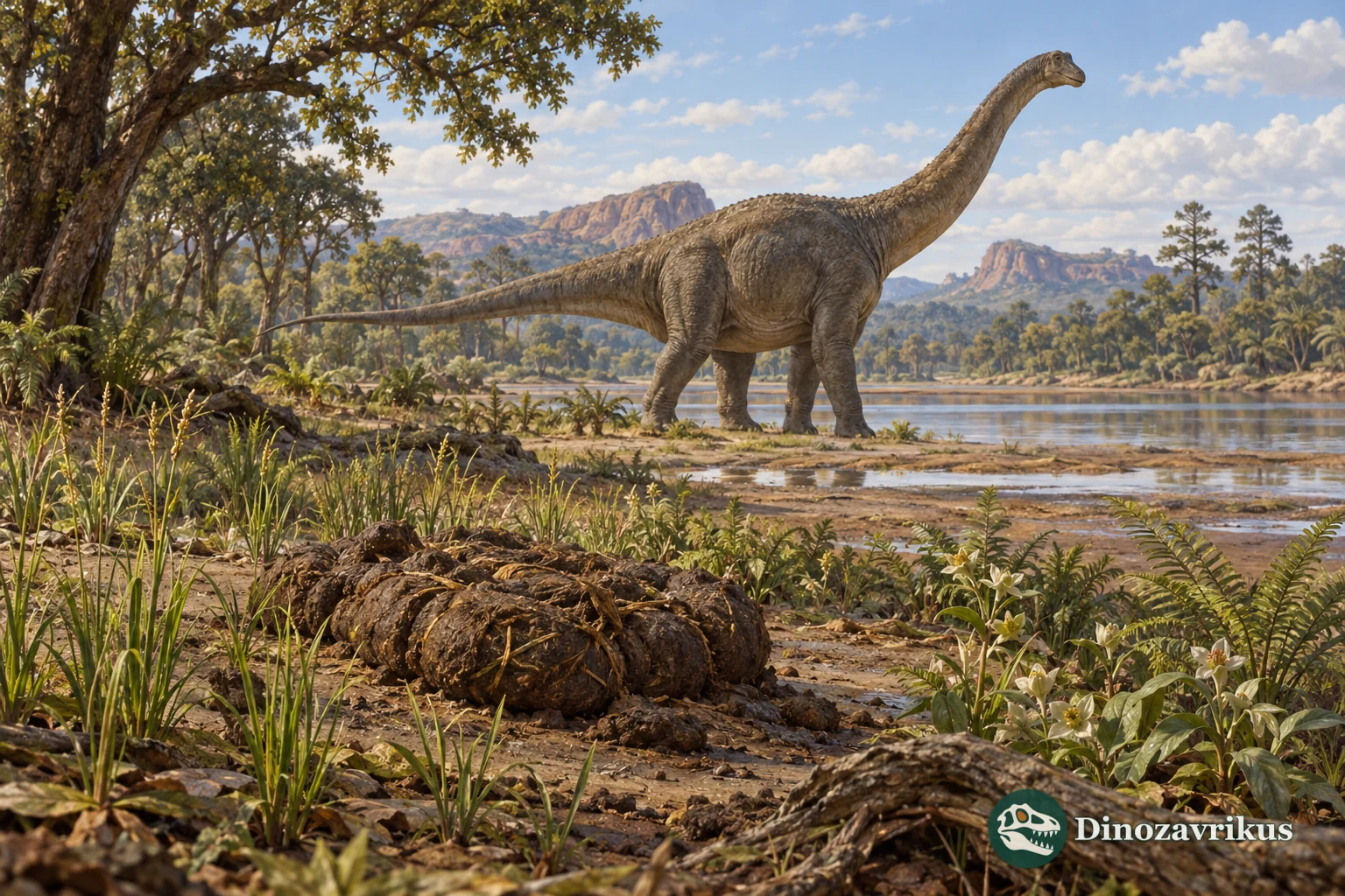 Sauropod beside fossilised dung and early grasses on a Late Cretaceous floodplain