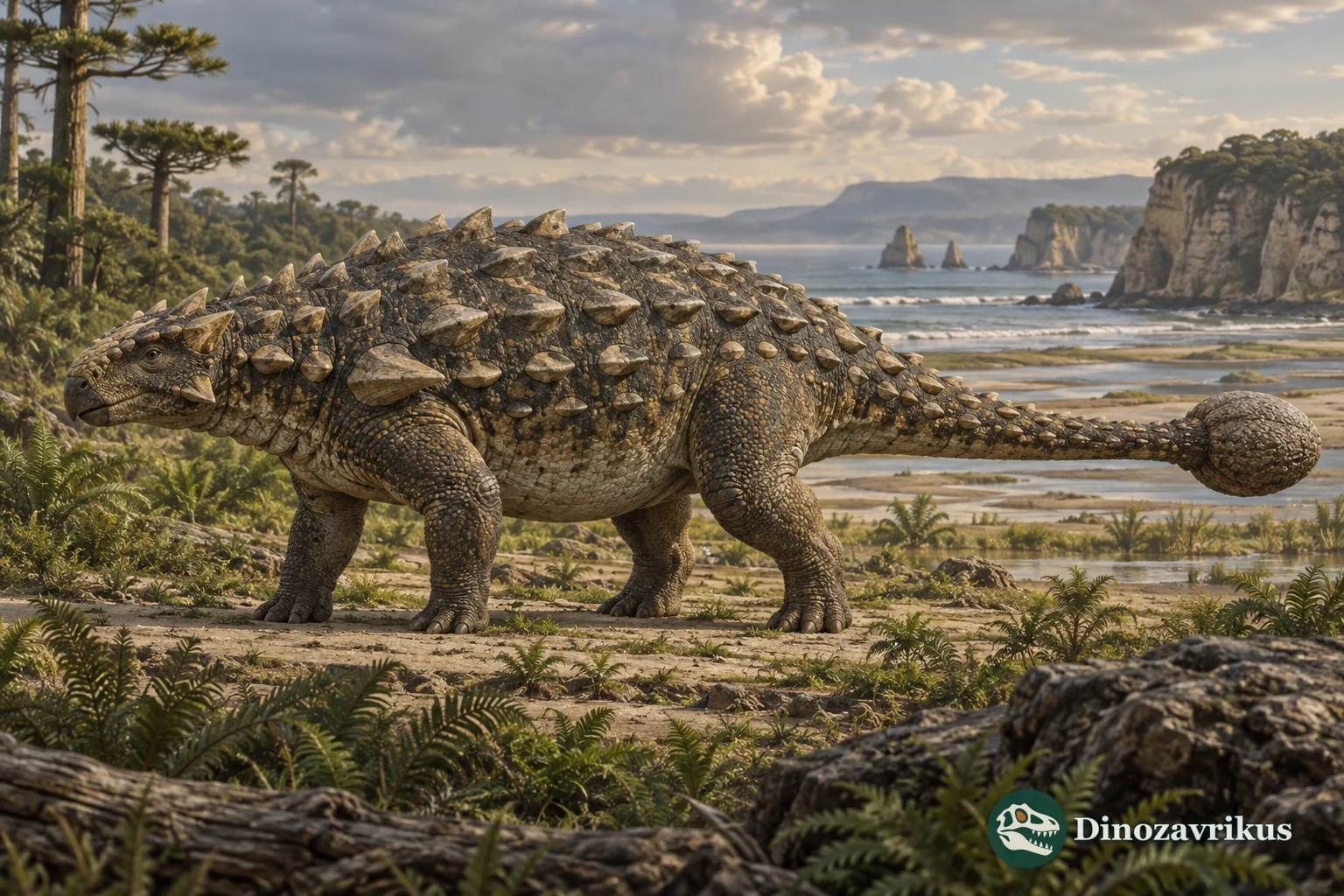 An ankylosaur with bony plates and a tail club in a Cretaceous landscape
