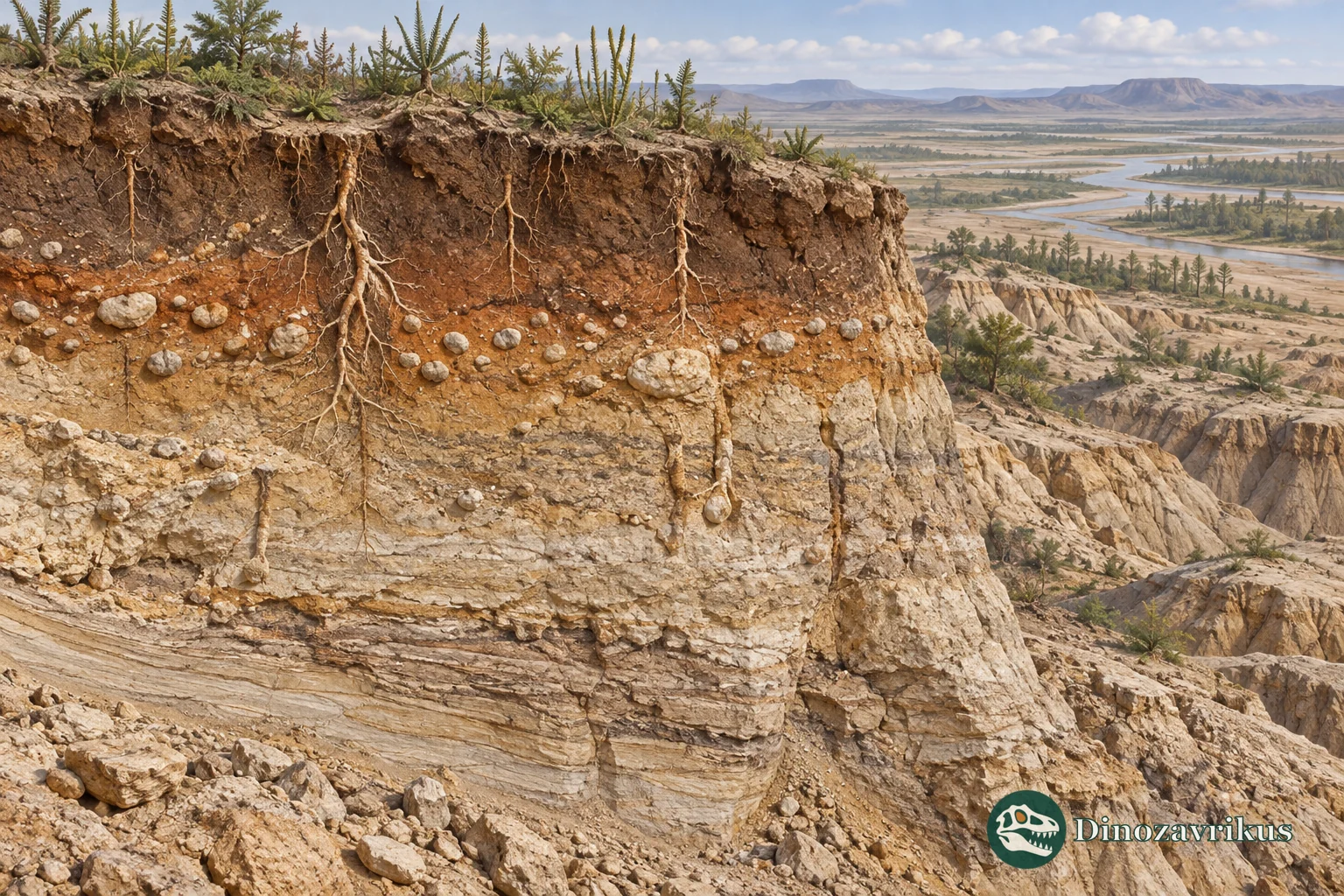 Illustration of a Cretaceous buried soil profile with root traces, carbonate nodules and floodplain layers