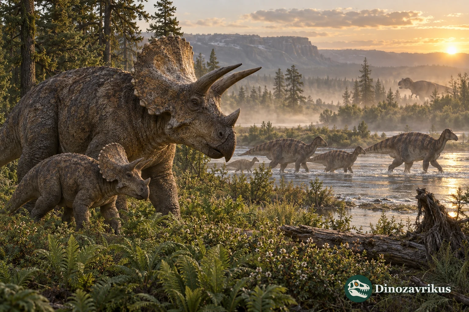 Late Cretaceous coastal plain with tyrannosaurids, hadrosaurs and flowering vegetation
