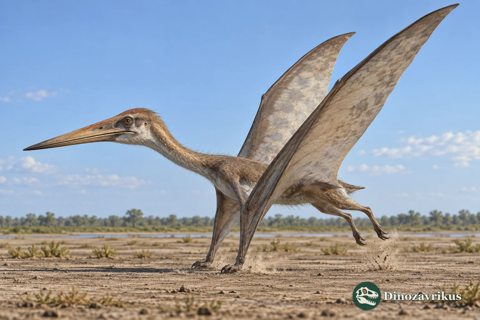 Cretaceous pterodactyloid beginning a four-limbed vault from level ground