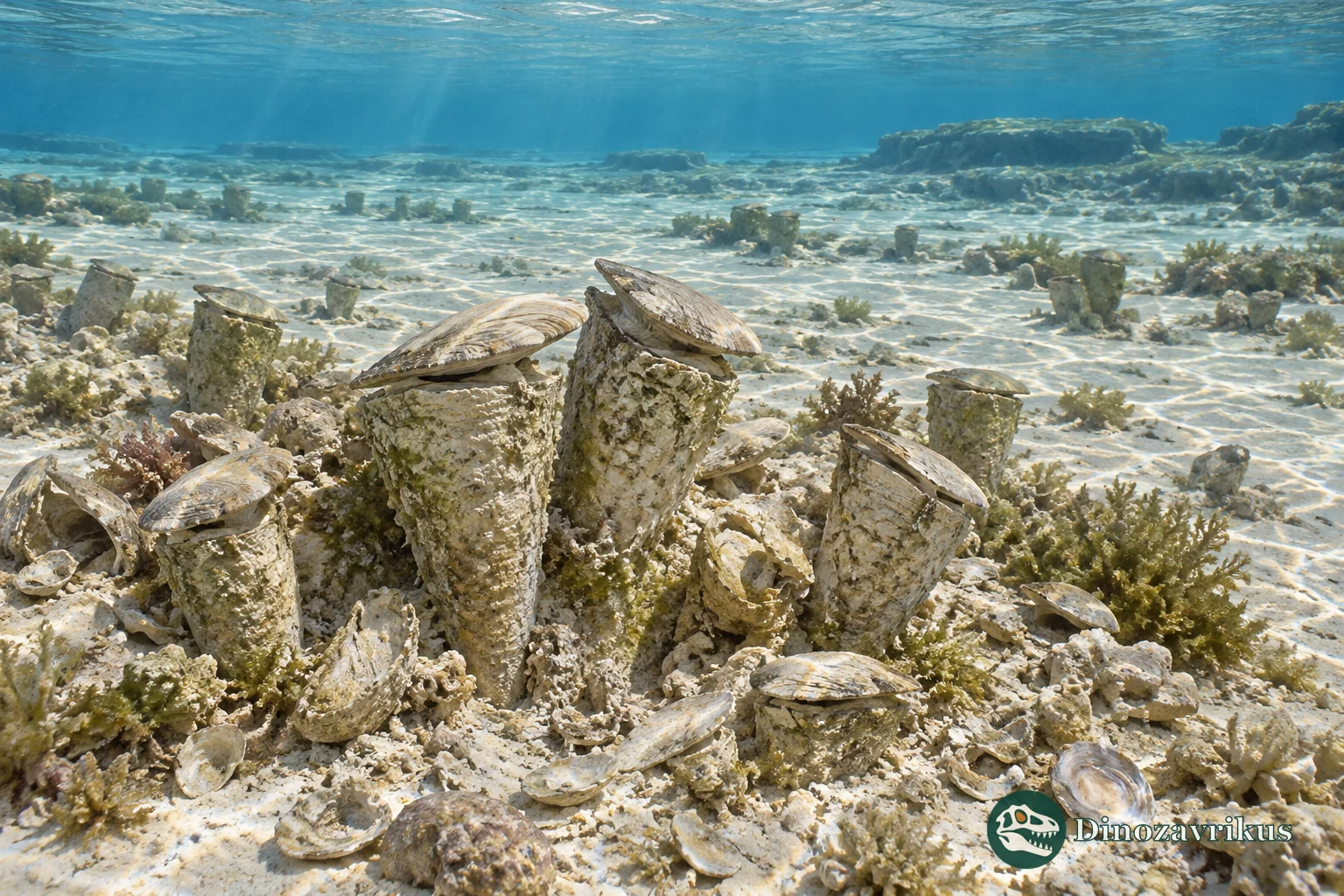 Reconstruction of upright rudist bivalves clustered on a shallow Cretaceous carbonate platform