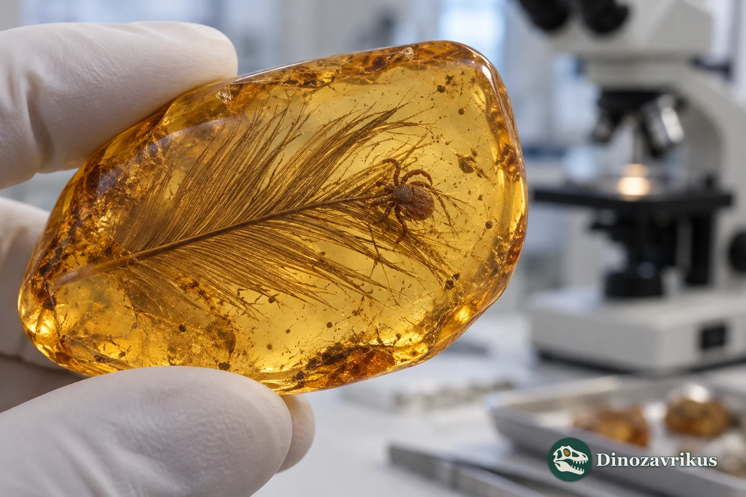 Cretaceous tick entangled in feather barbs inside amber under laboratory study