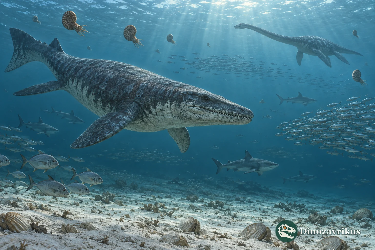Late Cretaceous Western Interior Seaway with a mosasaur, plesiosaur, sharks, fishes and ammonites