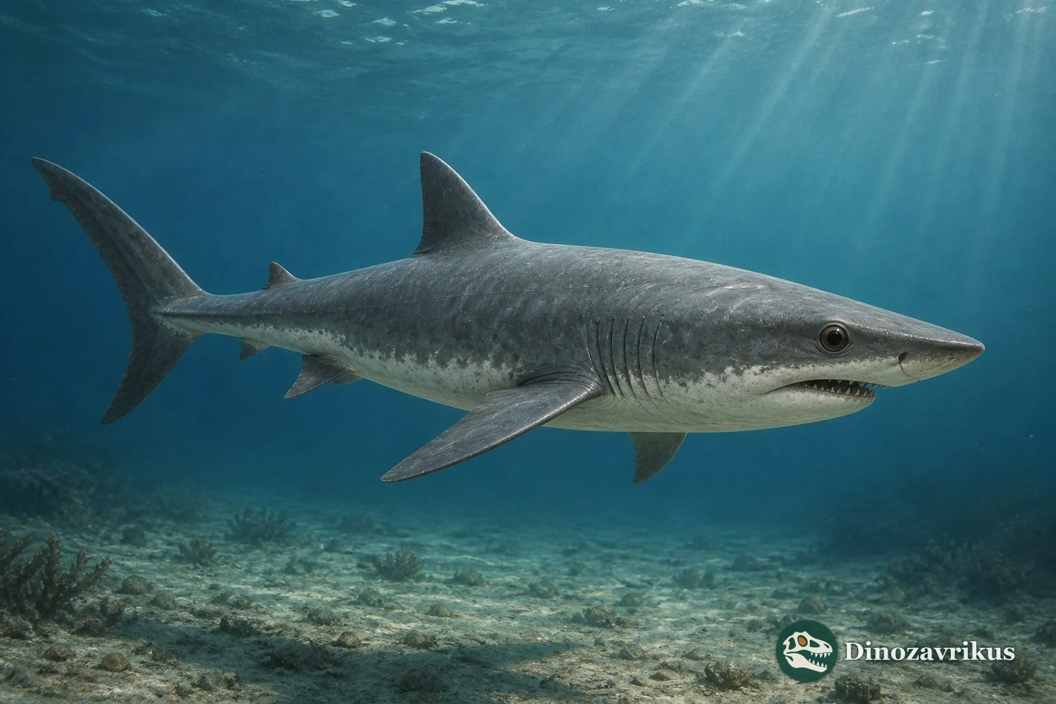 Cretalamna shark swimming through a Cretaceous marine habitat