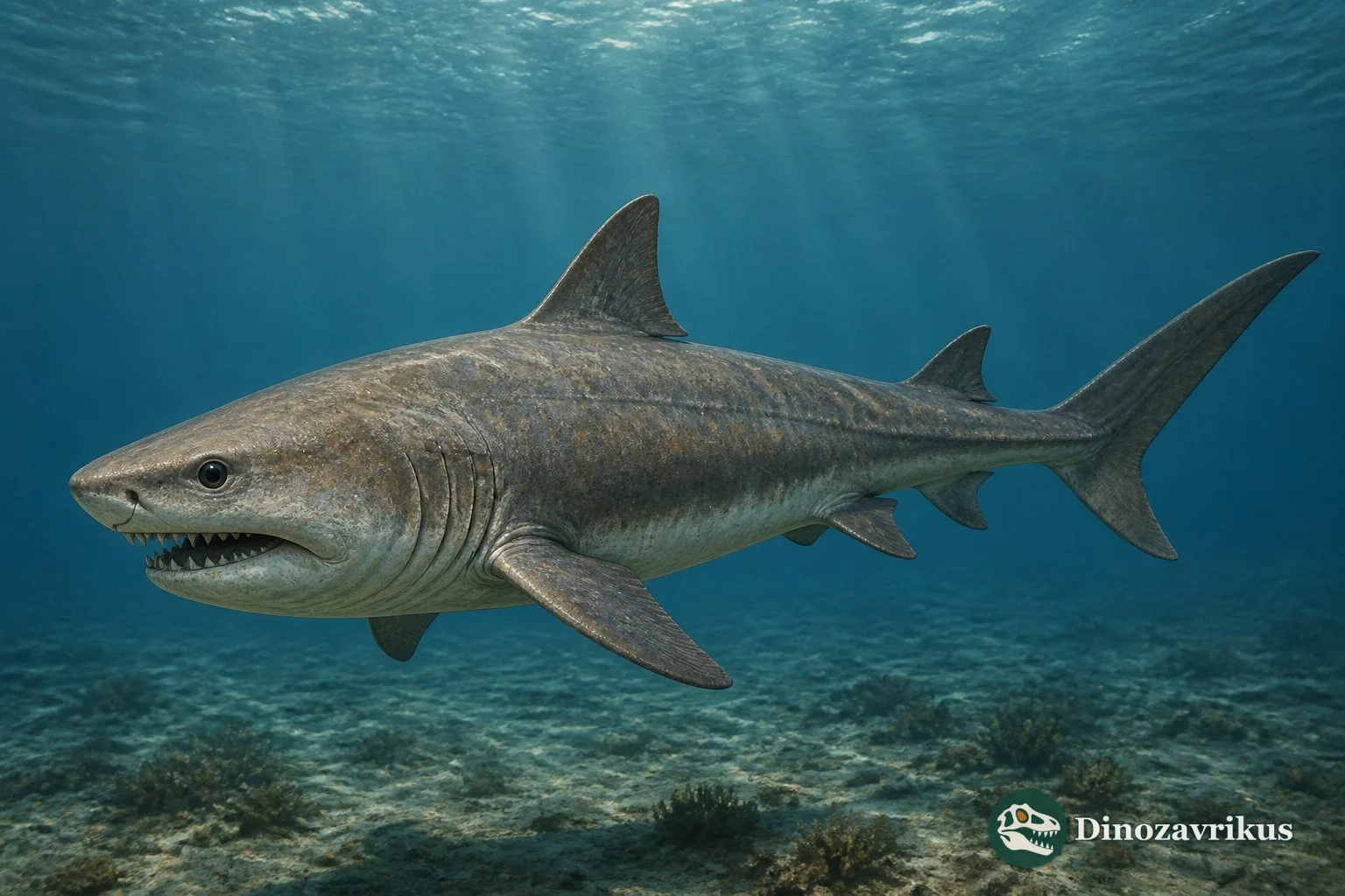 Cretodus shark moving through a Late Cretaceous seaway