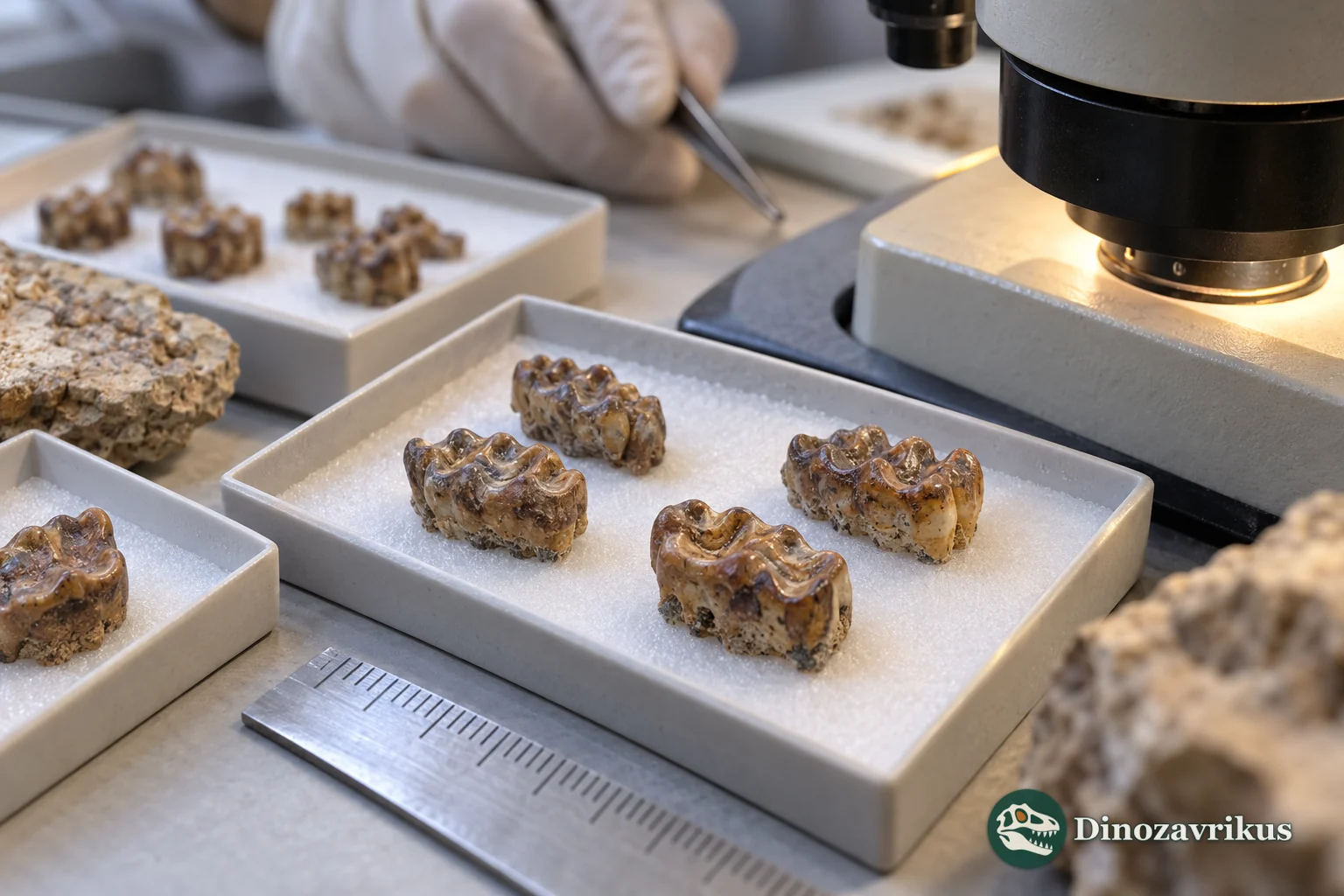 Conceptual laboratory study of fossil rodent molars beneath a microscope