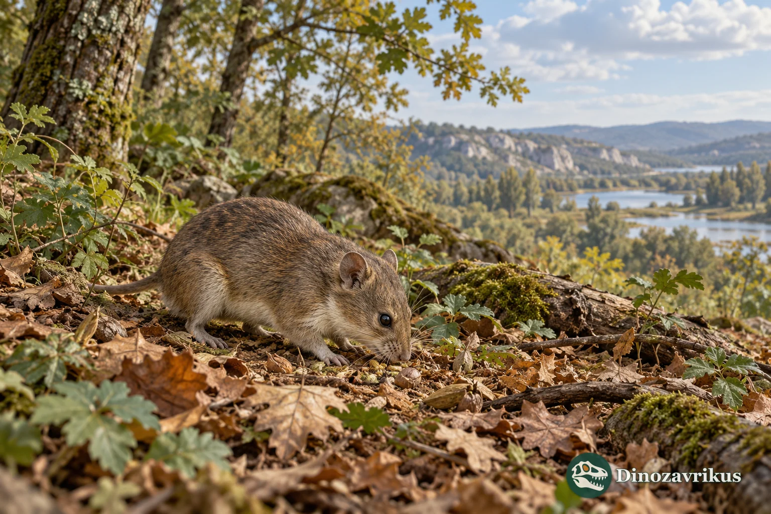 Artistic reconstruction of a small Miocene Cricetodon-type rodent at a woodland edge